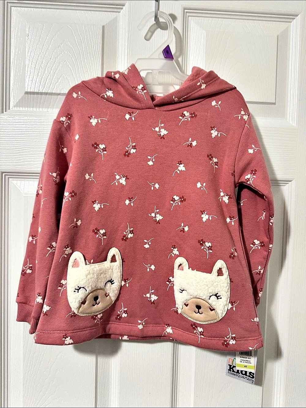 Kids Headquarters Hooded Floral Cat Appliqué Pullover Floral Cat Hoodie Girls 4T